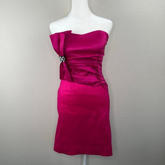 VTG Rory USA Fuchsia Pink Satin Strapless Bow Bodycon Party Mini Dress Junior XS - Picture 12 of 15